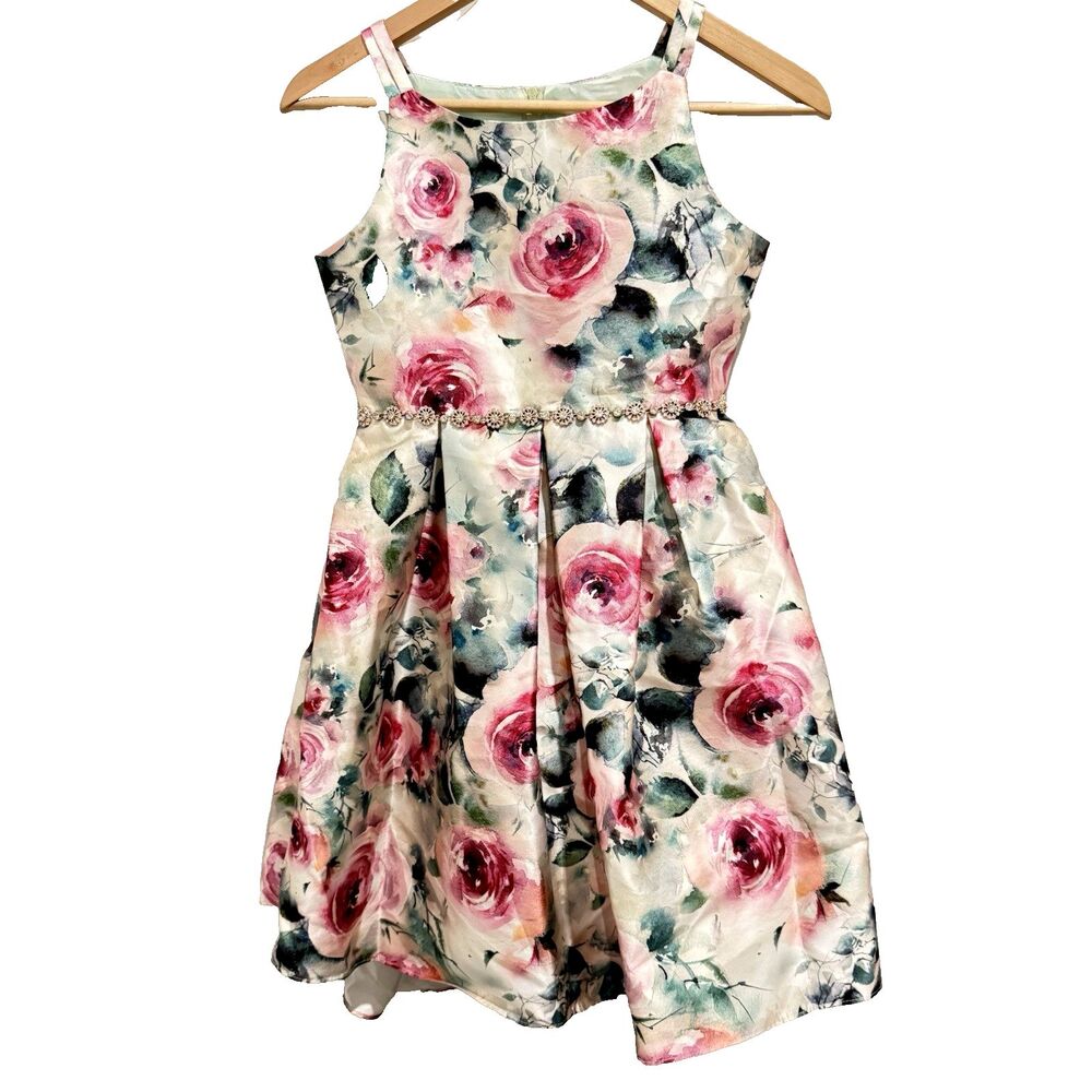 Rare Editions Girls 10 L Formal Dress Cream Green Pink Floral Roses Mikado Fancy